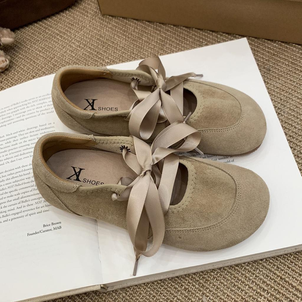 French retro style bow satin shoelaces ballet shoes Mary Jane shoes soft flat comfortable soft leather single shoes women
