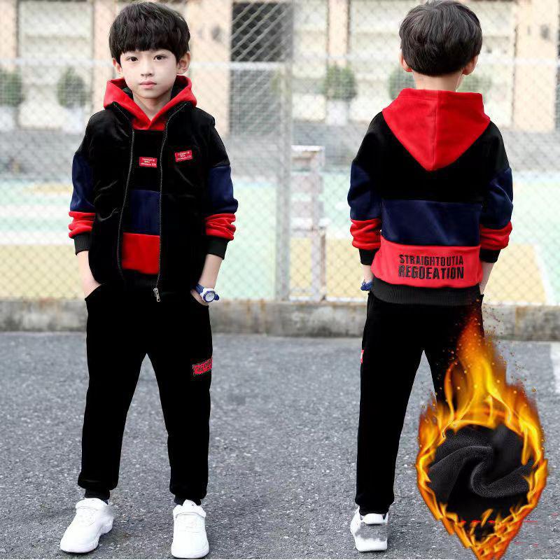 

Осенне-зимний спортивный костюм для мальчиков, одежда для малышей, бархатная куртка с капюшоном на молнии, штаны для детей 110cm красный