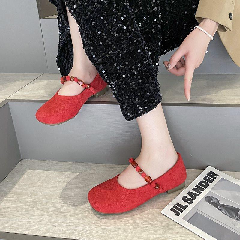Skirt Mary Jane Shoes with 2025 Shallow Single Shoes Women's New Beaded Gentle National Style Flat Autumn Beanie Shoes No