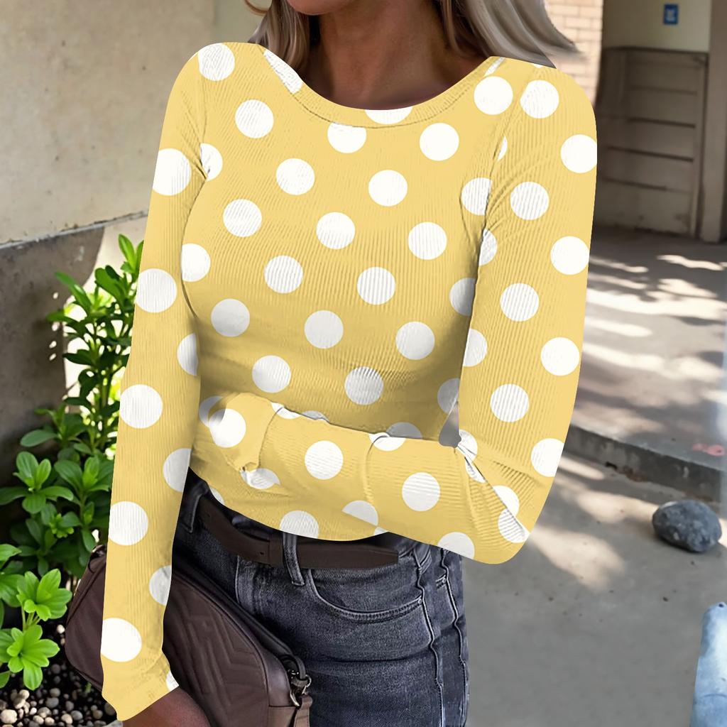 Women Long Sleeve Crew Neck Polka Dot Print Ribbed Knit Casual Top Comfortable Loose Fit Pullover Blouse for Daily Wear