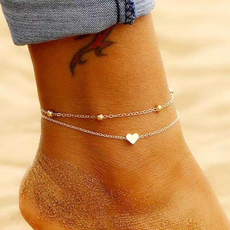 Women's Double Bohemian Heart Anklet - Layered Summer Beach Foot Chain, Love Personality Ankle Bracelet