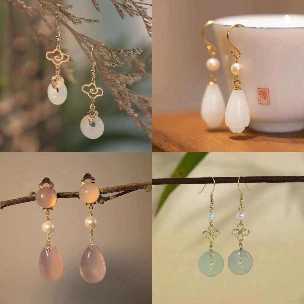 Cercei etnici chinezești din jad pentru femei Vintage Model Nor Norocos Pandantiv Picătură de Apă Bijuterii Elegante Accesoriu Hanfu Clip