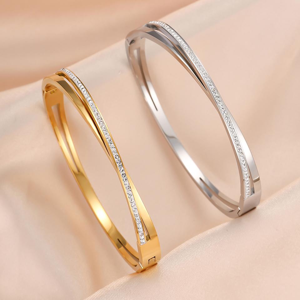Htpwe Stainless Steel Zirconium Cross Double Layer Bracelet Women's Plated 18k Gold Couple Holiday Gift Bracelet Party Zircon