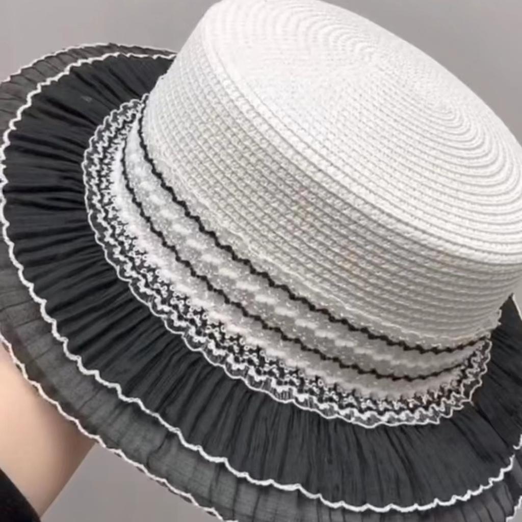 Grass Hat Women's Summer Two-layer Skirt with Flat Top Sun Protection and Sunshade Hat, Artistic and Fashionable Hat