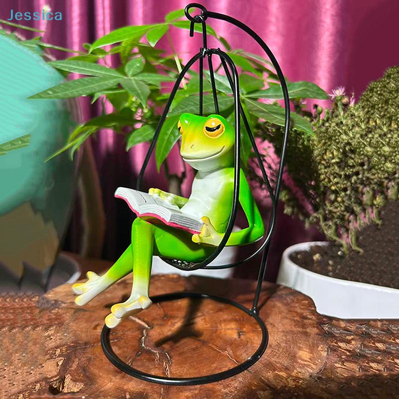 Reading Frog on Swing Decor - Resin Animal Figurine, Cute Desktop Ornament for Home, Office & Plant Decoration
