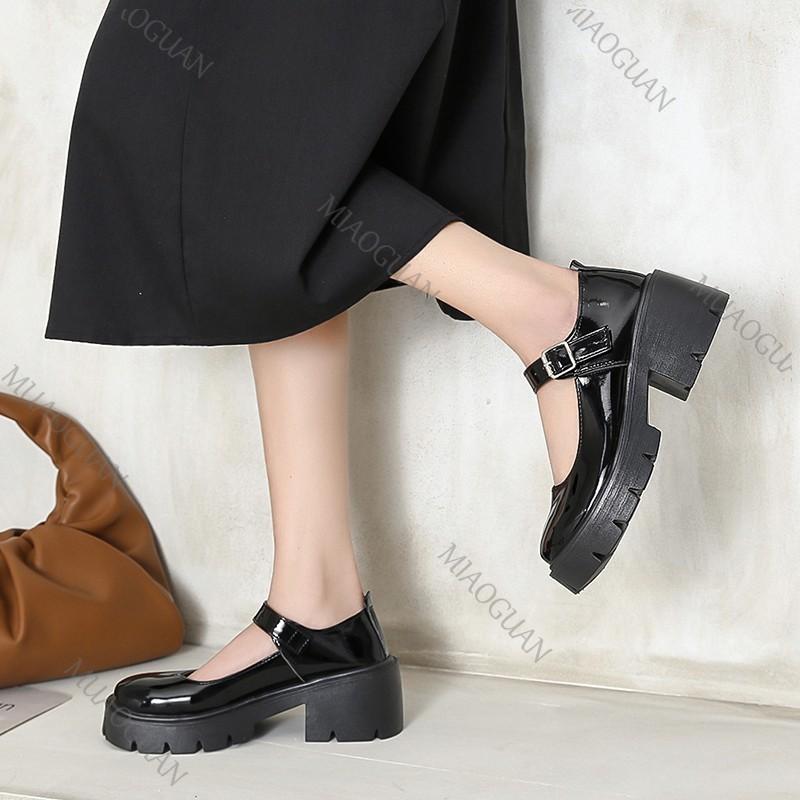 Fashion Round Head Mary Jane Shoes Women Thick High Heeled Japanese College Style Pumps Single Shoe Platform Retro Leather Black Loafers