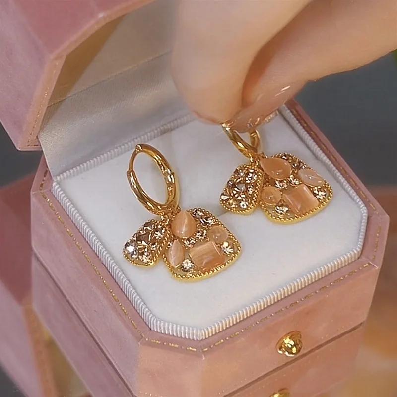 New Square Brown Crystal Zircon Double Layer Drop Earrings For Women Fashionable Daily Accessory Party Jewelry Birthday Gifts