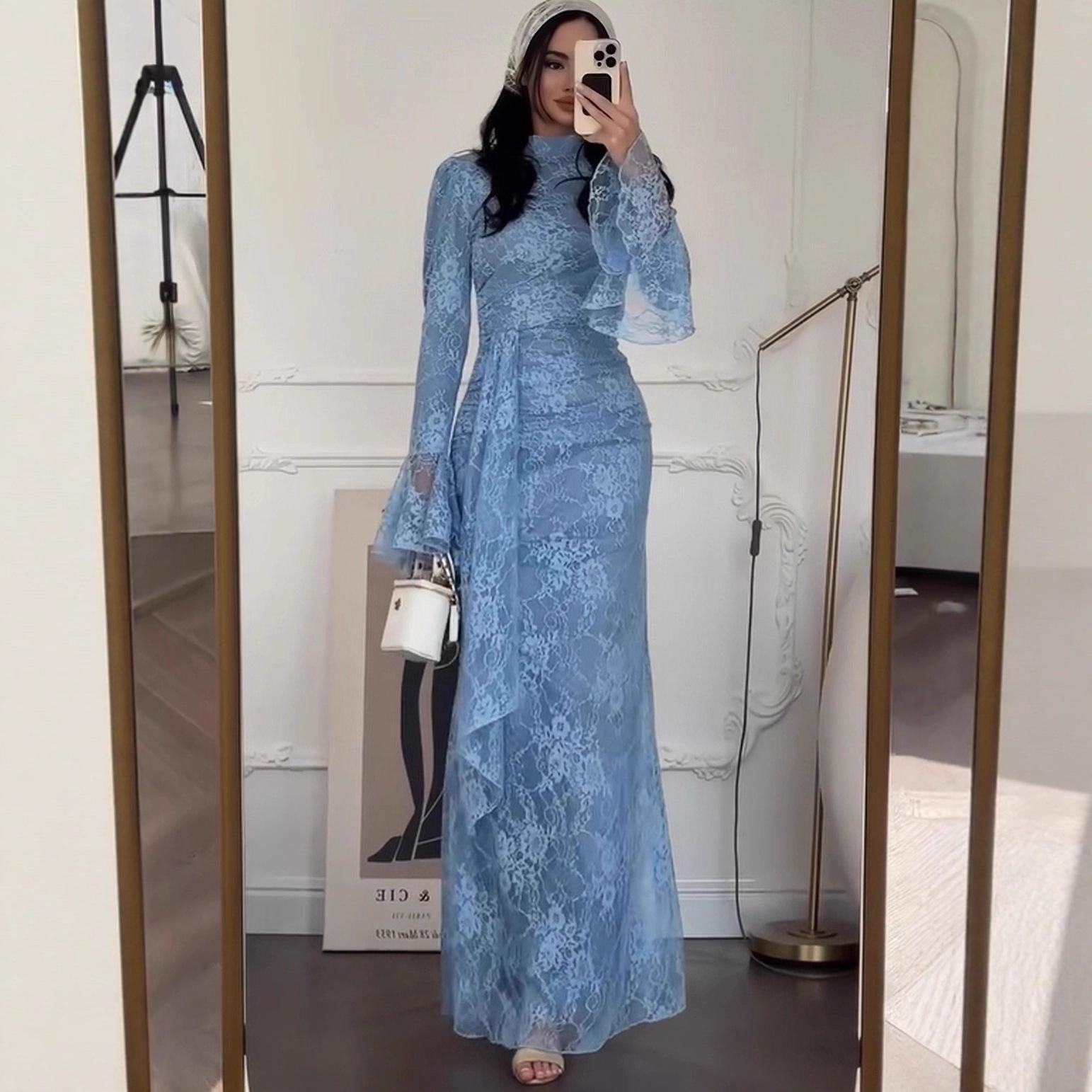 

Autumn 2025 Blue Lace Waist-Cinching Long-Sleeved Women s Dress Medium павлин голубой