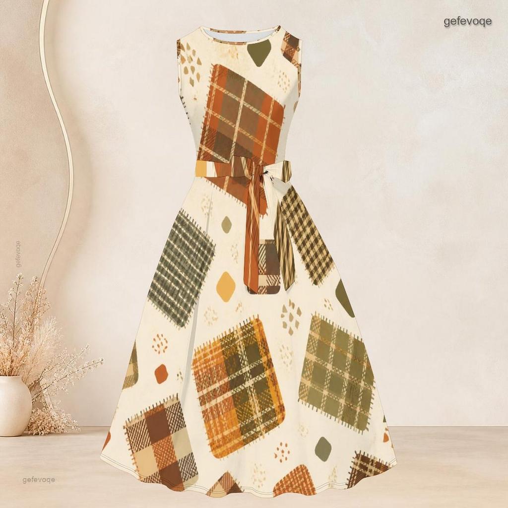 Women Plus Size Two Piece Set Plaid Printed 3 4 Sleeve Draped Cardigan Sleeveless Tie Waist Flared Dress