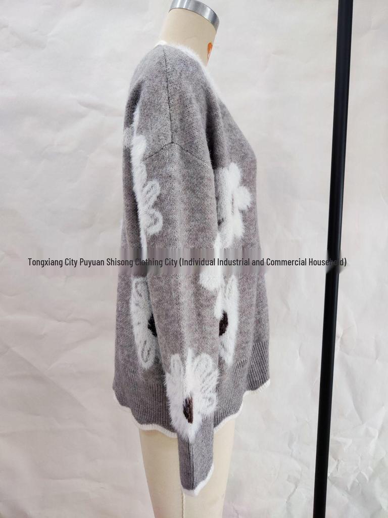Women's Faux Mink Jacquard Lace Collar Knit Pullover Sweater for Autumn/Winter