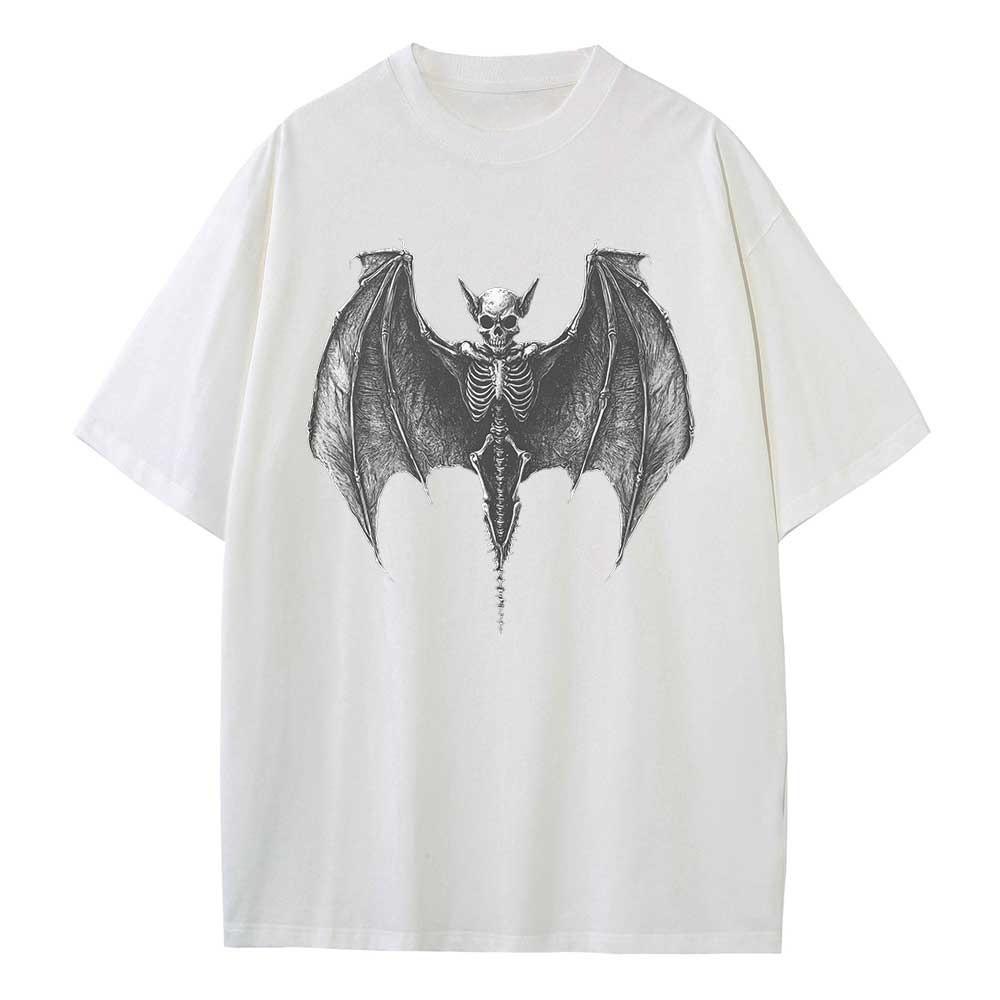 Loose T-shirt Cotton Pattern T-shirt Designer Clothes Skull Bat Pattern Drop Shoulder Vintage Neutral Top Versatile T-shirt