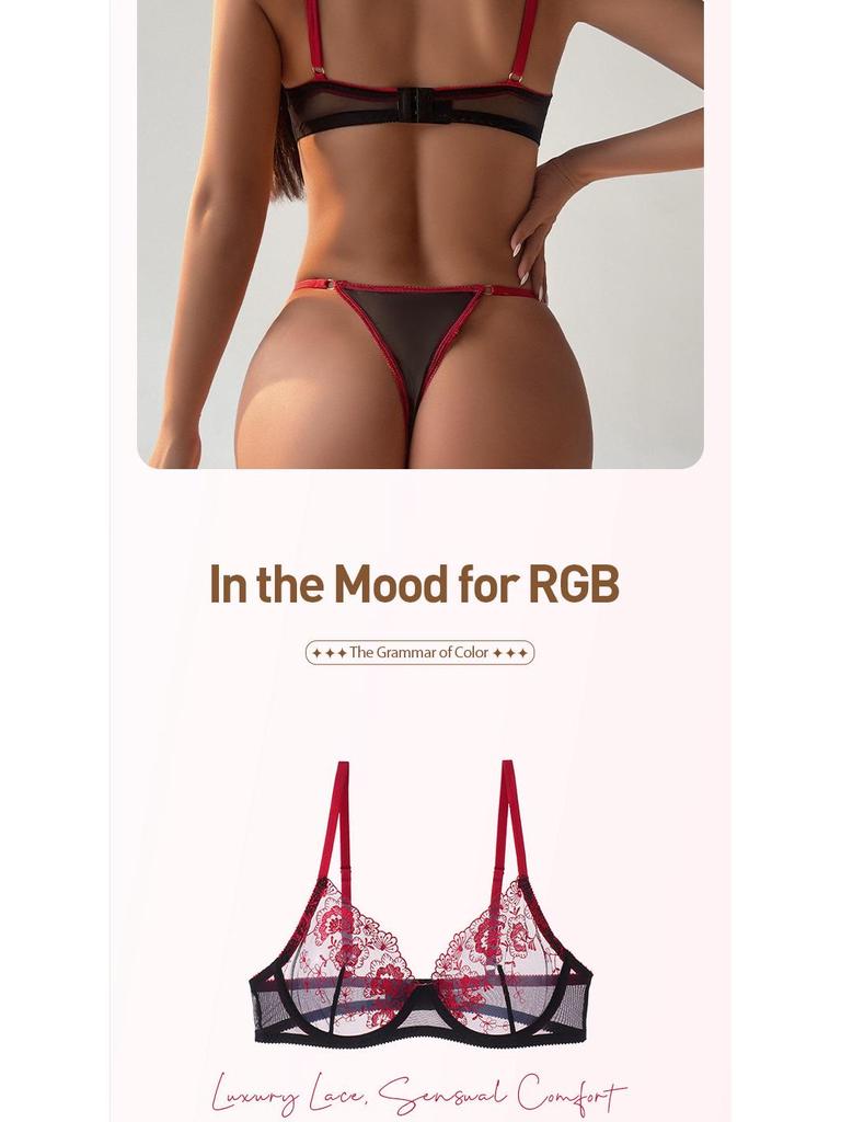 European & American Floral Embroidered Lingerie Set: Sexy Thin Bra with Side Support & Breathable Panties