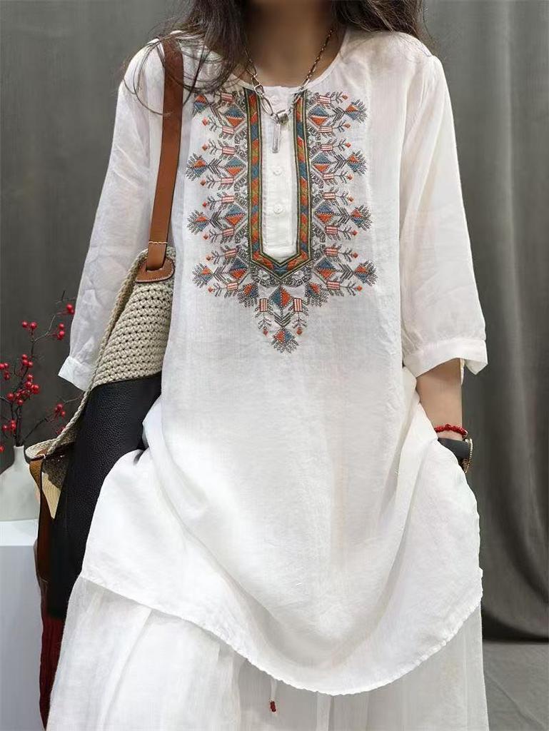 Plus Size Casual Embroidered Cotton-Linen Shirt: Spring & Autumn Retro Style