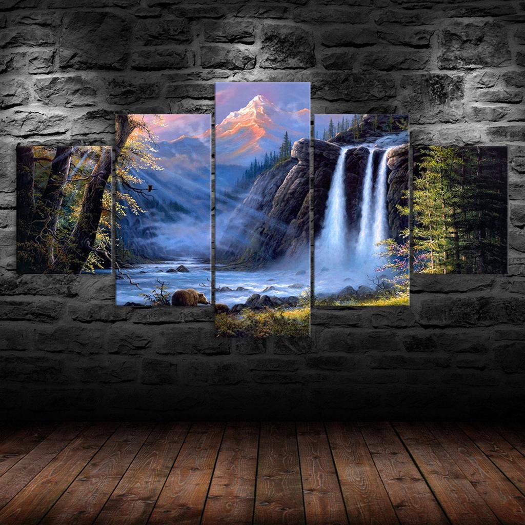 Fantasy Wasserfall Wald Gemälde Leinwand 5 Teile Fünfteiliges Wandbild Modernes Kunstposter Heimdekoration Geschenk Für Ihn Für Sie