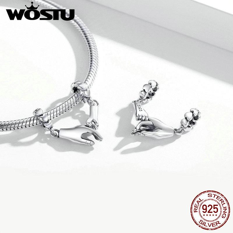WOSTU 925 Silver Hand In Hand Bead Special Charm Fit Original Bracelet DIY Making Necklace Pendant Jewelry CQC1700