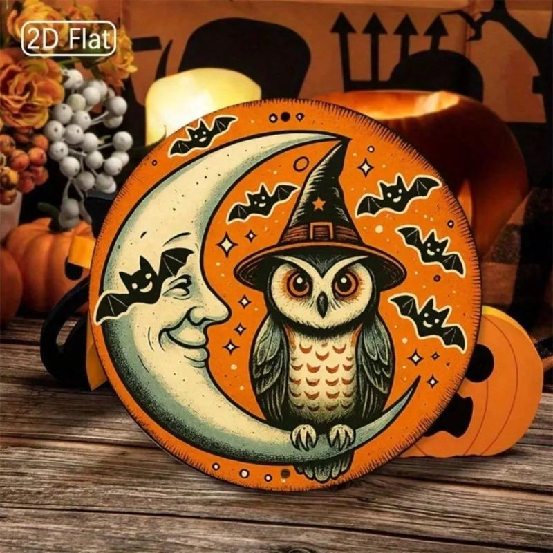 Metal Owl Moon Sign Halloween Wall Decor Rustic Aluminum Art