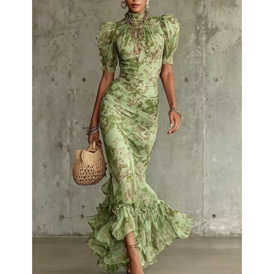 YYFS Women's Fashion Summer Spring Flower Pattern Print Short Sleeve High Neck High Waist Casual Dresses
