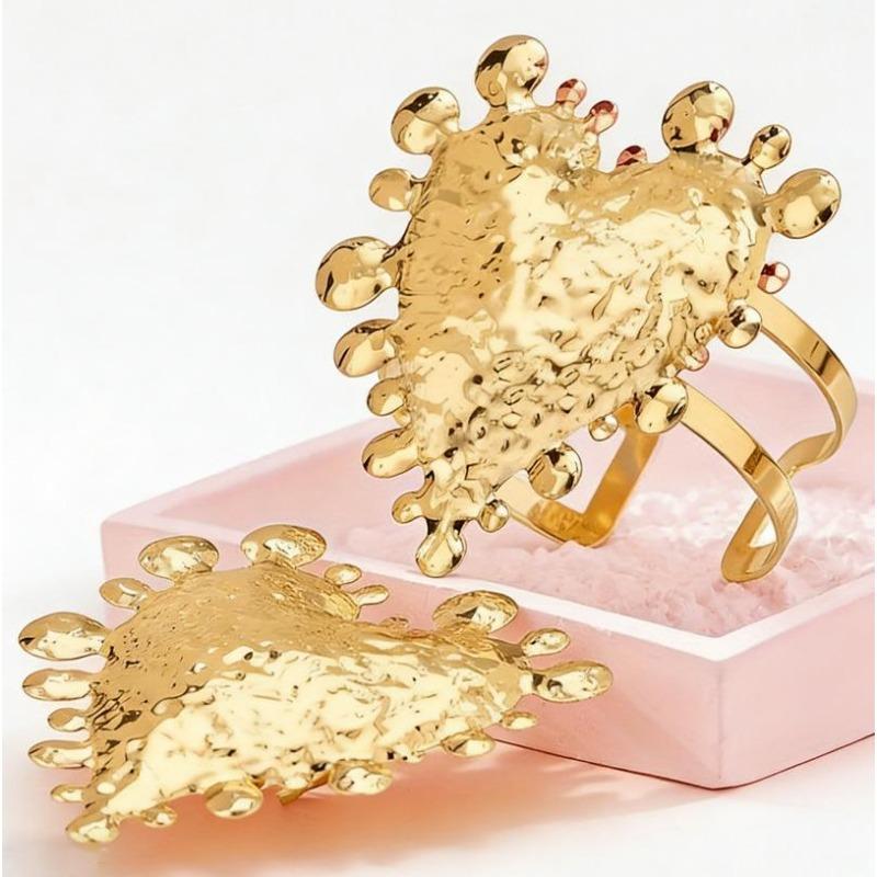 Two Pieces of Retro Gold Big Love Open Wide-sided Metal Bracelet Ring Niche Design Exaggerated and Elegant Set