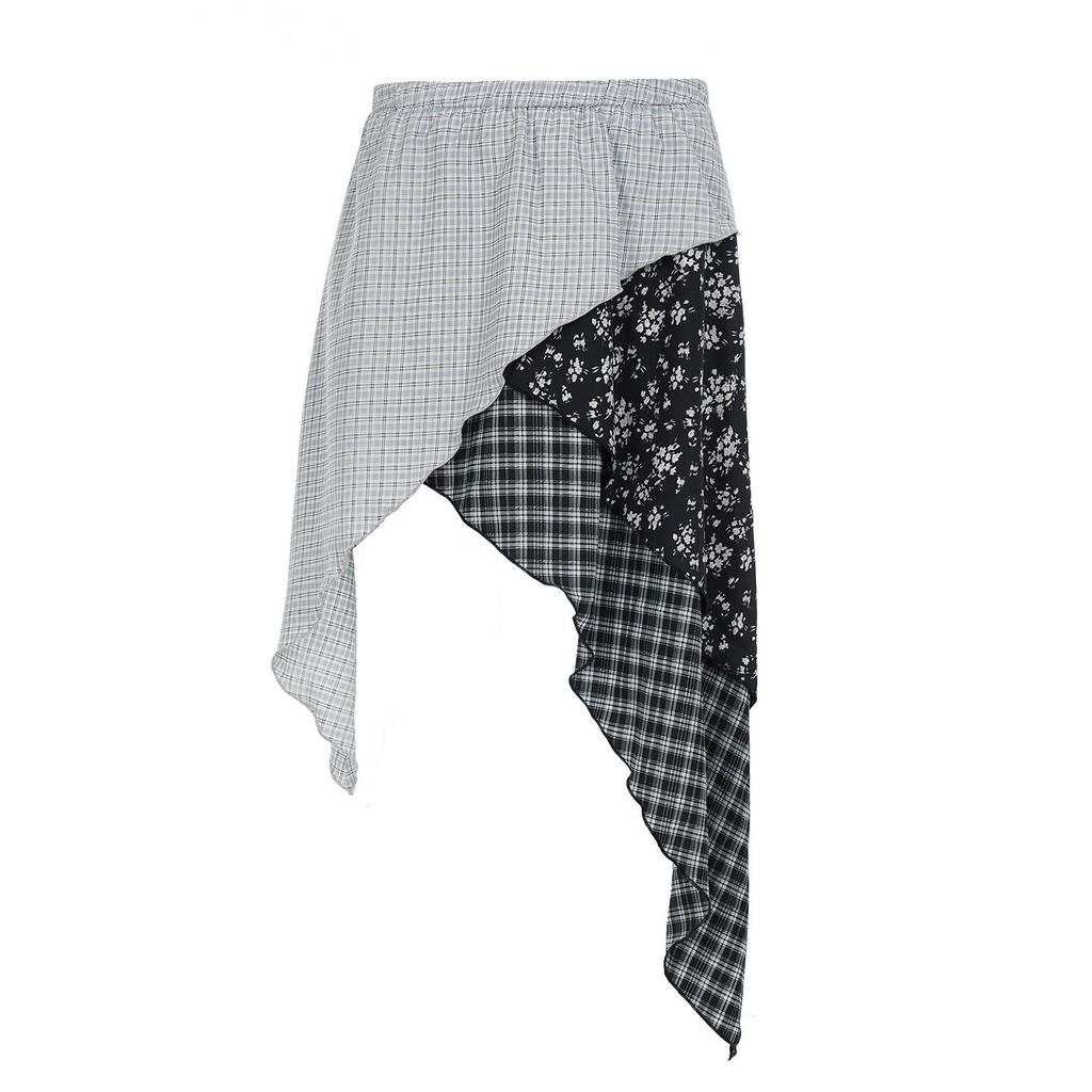 Spring/Summer Women's Low-Waist Plaid & Floral Patchwork Irregular Hem Skirt
