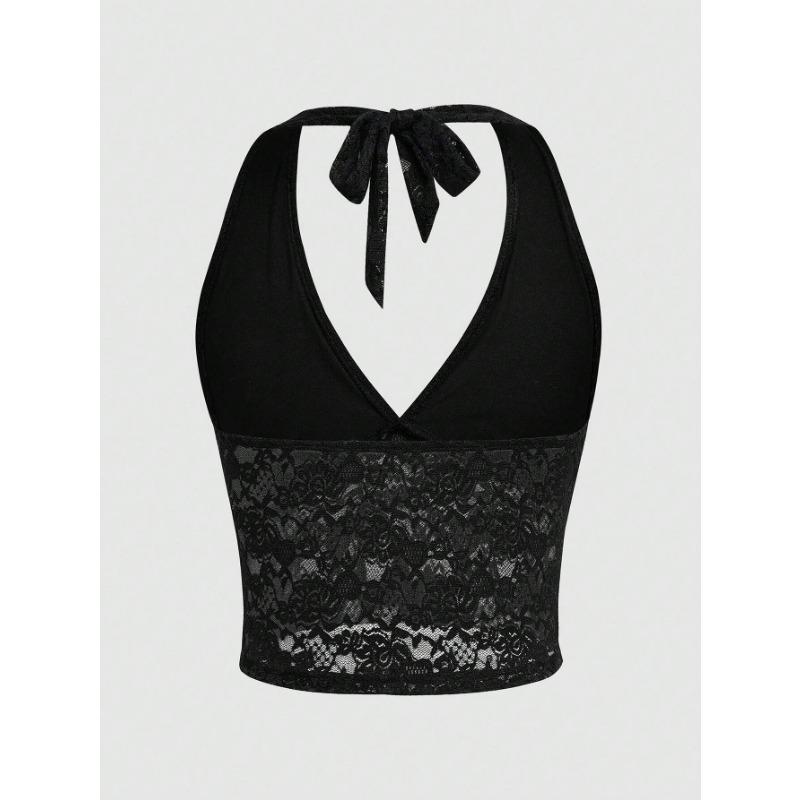 Women Sexy Hollow Out Lace Halter Neck Slim Fit Cropped Top