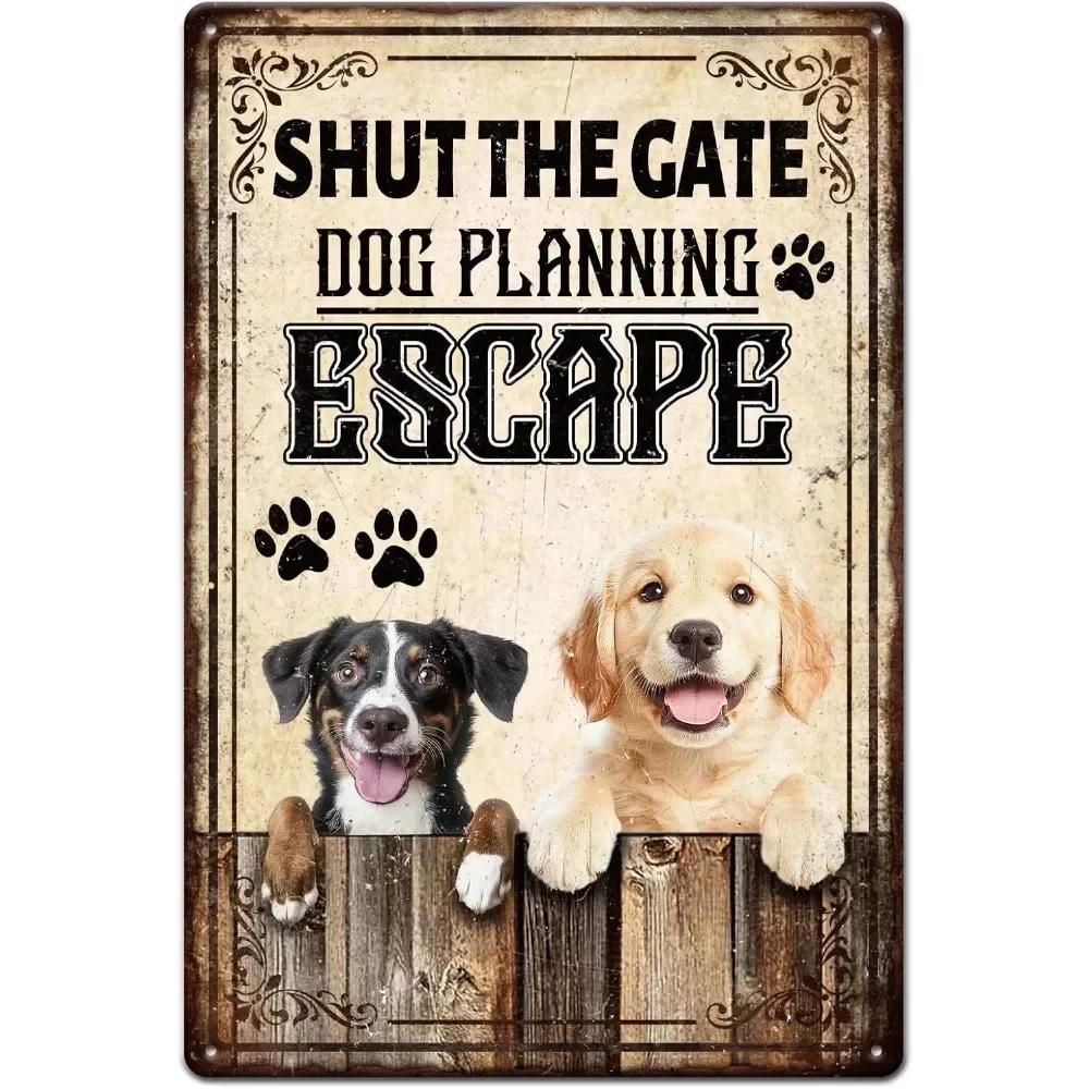 GLOBLELAND Dog Plans Escape Vintage Tin Sign  Retro Metal Wall Art Plaque for Rooms Offices Dog Kennels  Cat Enthusiasts