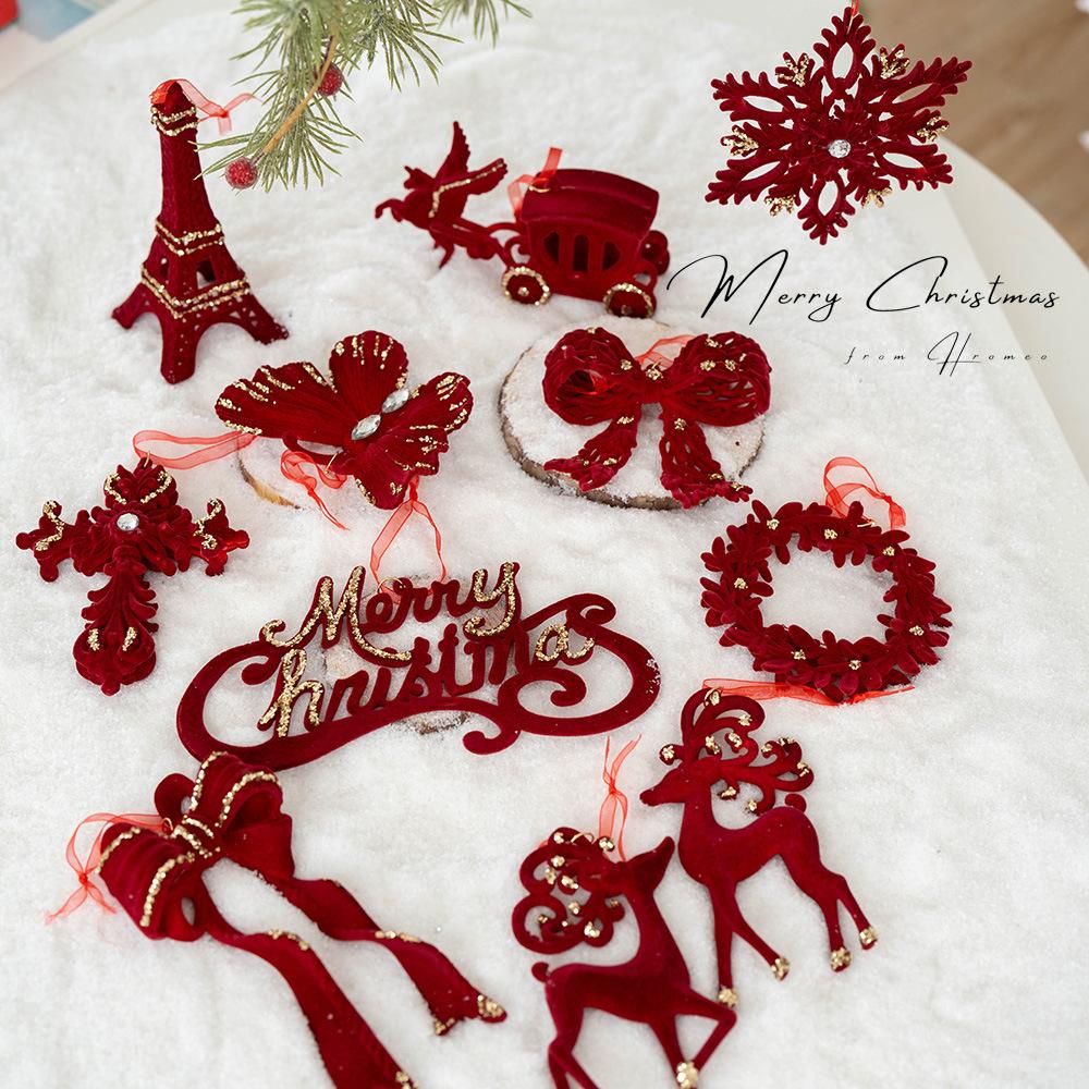 Custom Christmas Hanging Decorations Red Velvet Flocked Garland Bow Tree Hanging Ornament 2026 New Year Party Home Decoration