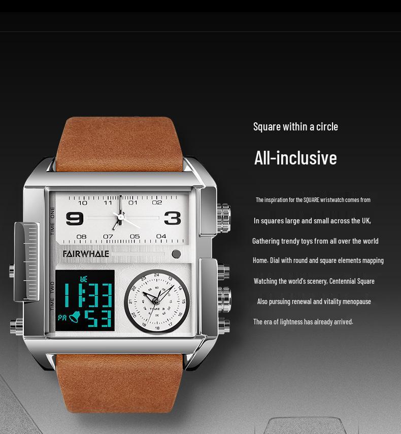 Mark Fairwhale Men's Geometric Retro Square Watch with Genuine Leather and Alloy