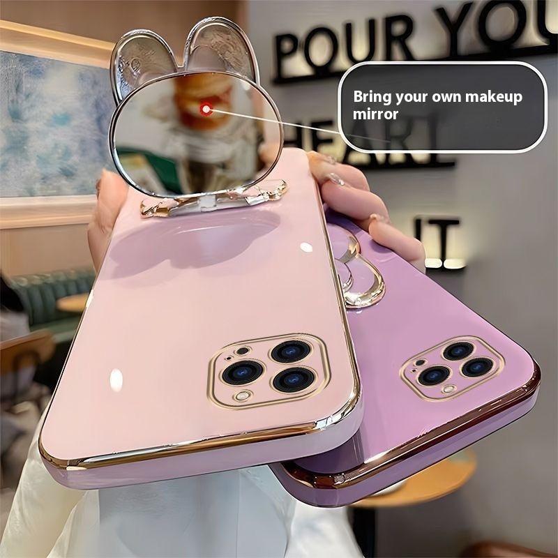 Cute Rabbit Mobile Phone Stand Foldable Mirror Bracket 360 Rotation Sticky Back Lazy Desktop Holders for Women Make Up Support