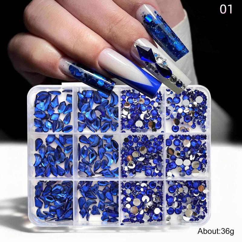 12 Grids Flat Bottom Mixed Nail Diamond 12 Color Nail Rhinestone Shiny Colorful Nail Gems Glass Stones Nail Charm