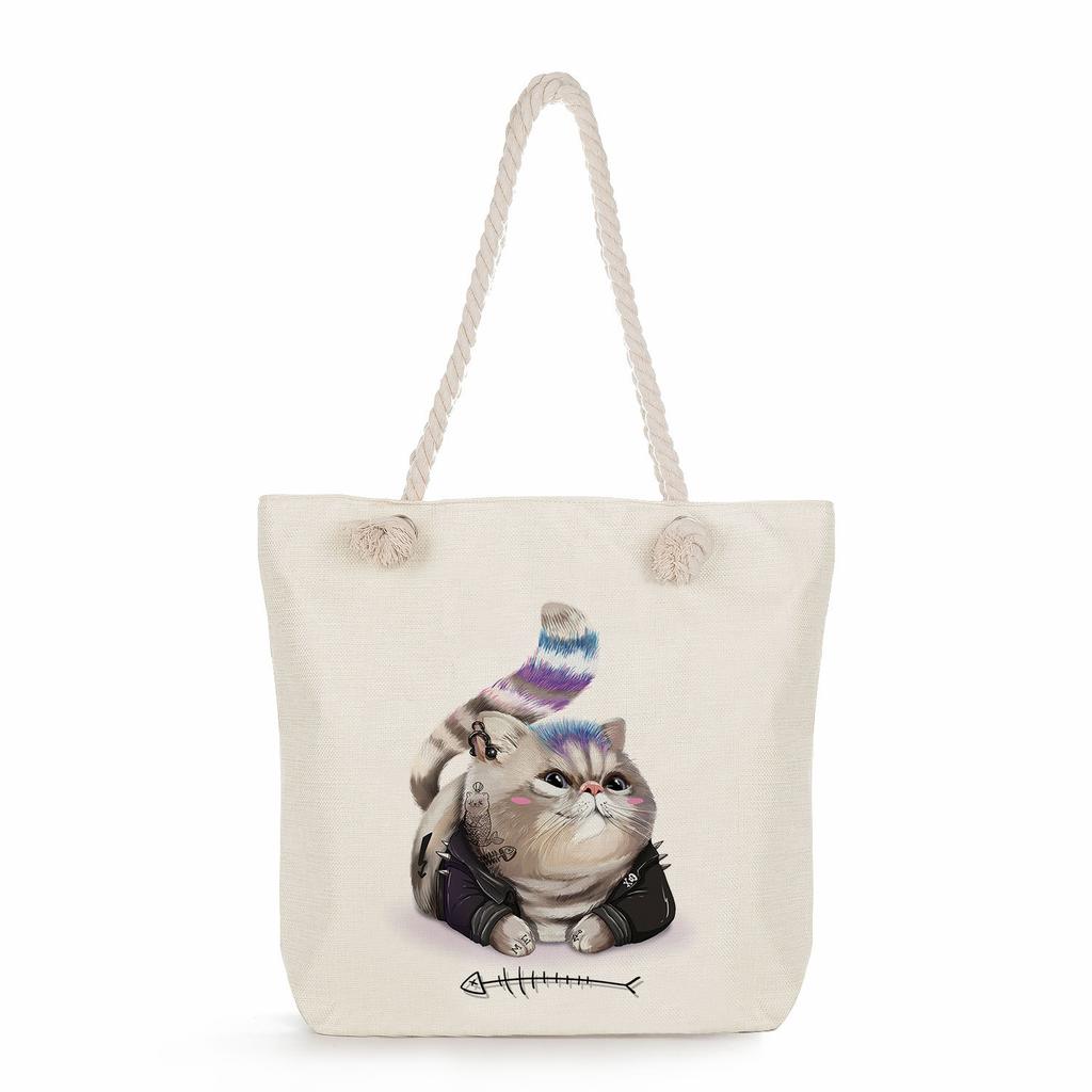 Cat print thick rope single-shoulder beach bag 7215