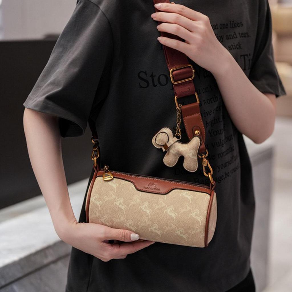 Women's fashionable wide shoulder strap cylindrical bag retro printed pillow bag shoulder bag crossbody bag