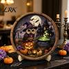 Peças de Arte em Madeira Lisa Polida Sinal de Quebra-Cabeça Redondo de Halloween, Decoração de Madeira de Bruxa Crânio Coruja com Suporte de Decoração de Mesa Sólido, Mesa Assustadora