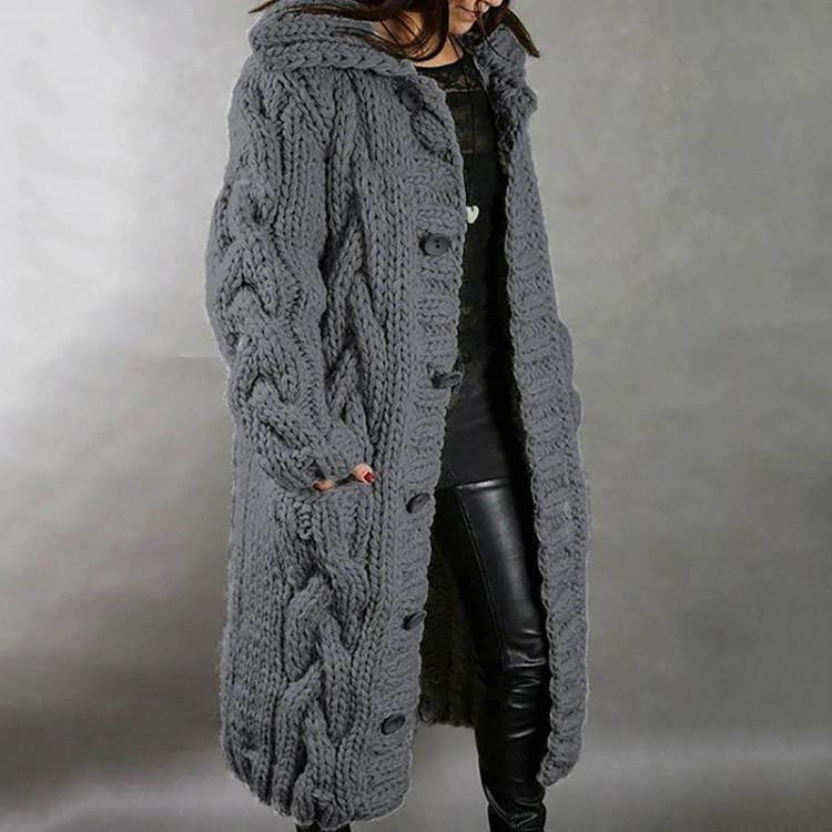 Damen Übergröße Langarm Kapuzenstrickjacke mit Taschen Einreihiger Mantel