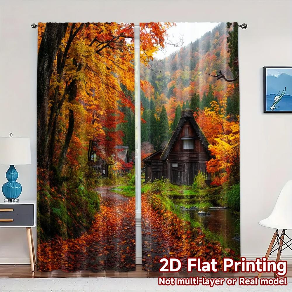 2pcs, 2D FLAT PRINTING Curtains (Without Rod) Autumn Pathway Chic Curtains Versatile Polyester Curtains All Seasons Decorative