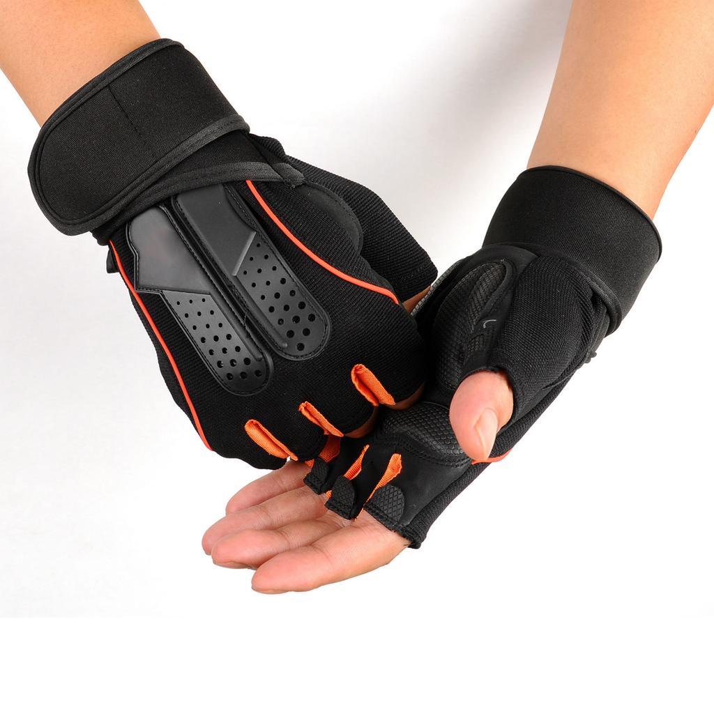 One Pair Sports Gym Gloves Non Slip Black Orange Half Finger Gloves for Workout Exercise XL