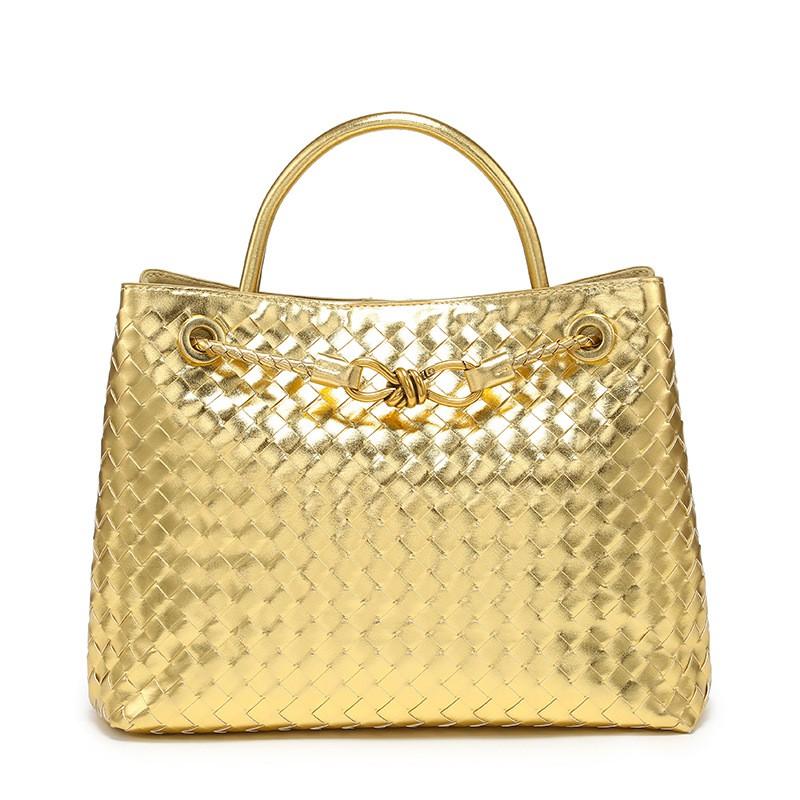Woven PU Tote Bag With Metal Rope Buckle Large Capacity Shoulder Handbag Women Vintage Style Daily Use