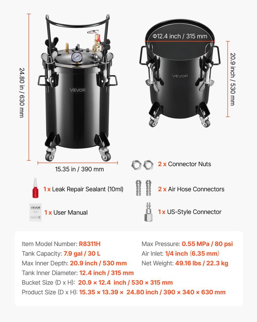 VEVOR Pressure Pot Tank, 30 L Heavy Duty Steel Pressure Pot Tank with Three Quick-Connect Couplers for Home Use, DIY, Art Creations