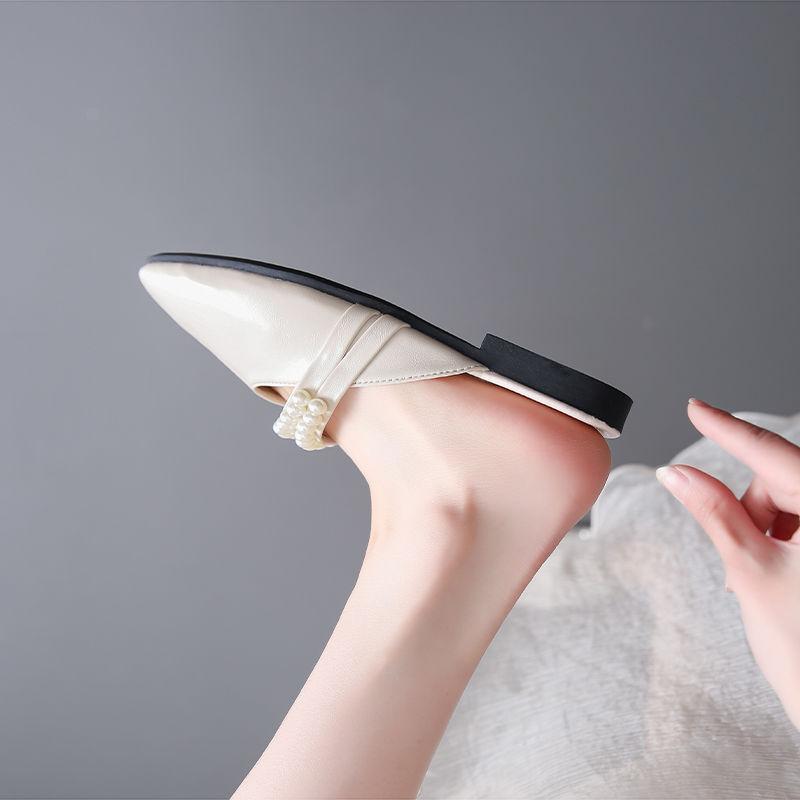 Leather Slides Pearl Low Heel Beige Women's Slippers and Ladies Sandals Chic Elegant Unique Slip-resistant Small Size Shoes