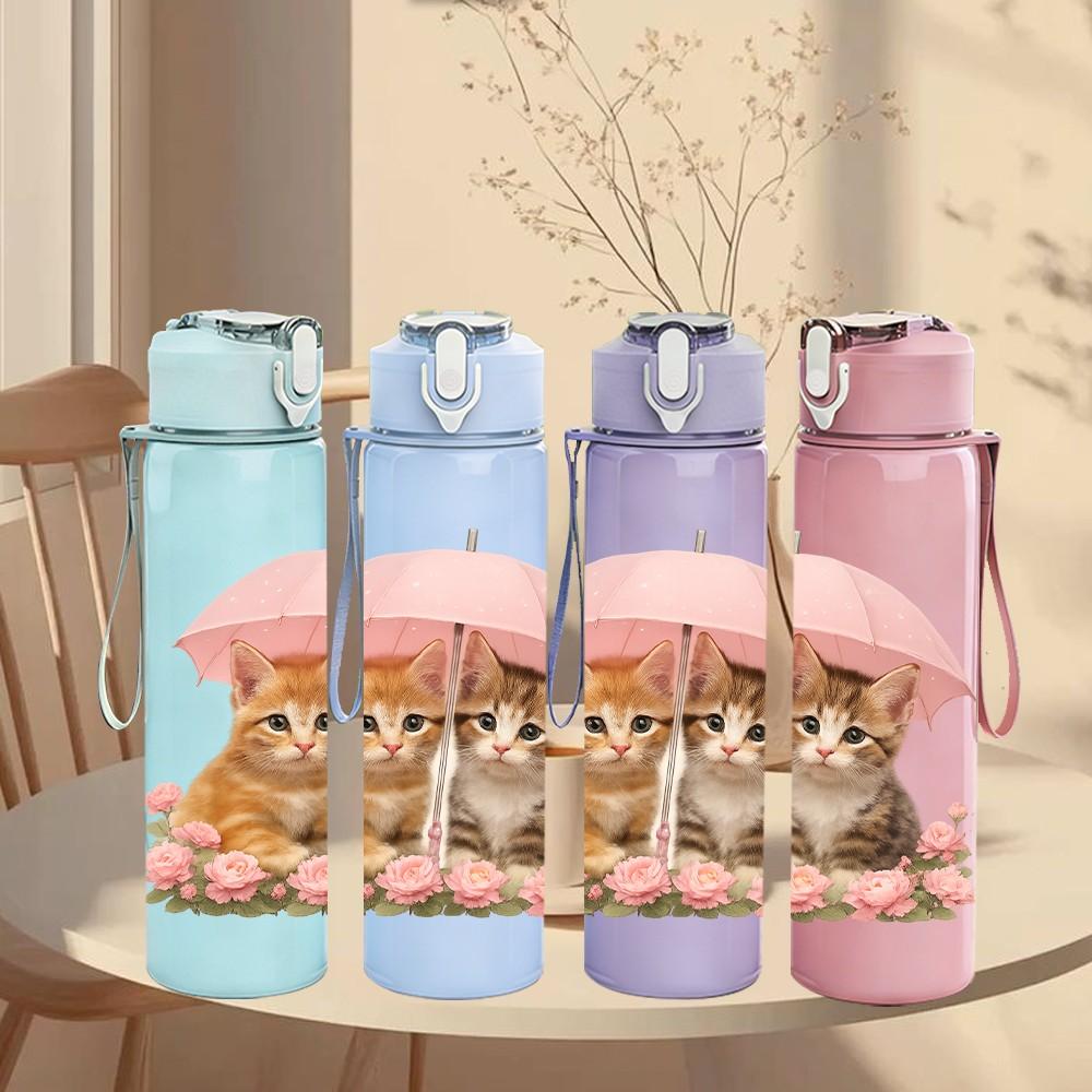 1PC Two Kittens Under Pink Umbrella 750ml Color Plastic Sports Water Bottle Leakproof Flip Straw Lid For Sports Office Home Use