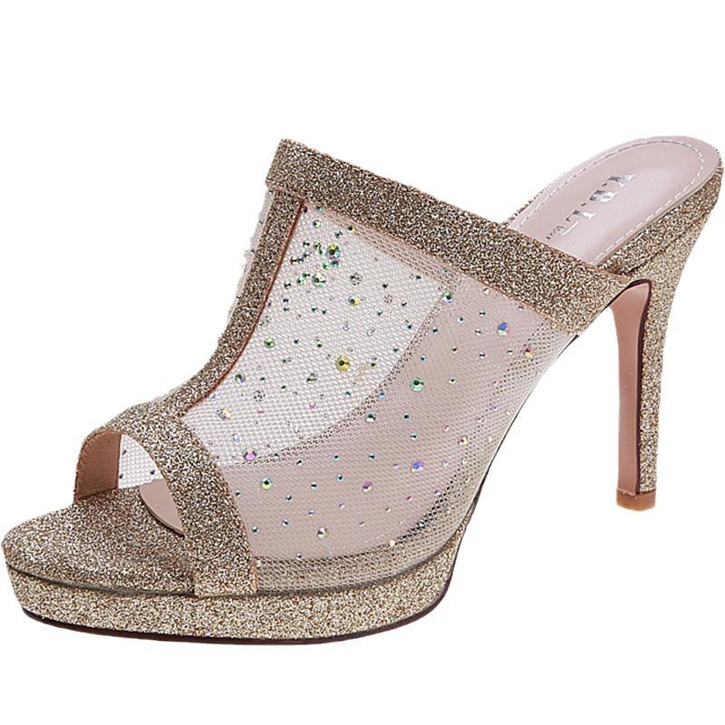 Mesh Slippers Women's Hollow Summer 2025 New Temperament Thin Heel Waterproof Table Fish Mouth Shoes Rhinestone High Heel Sandals