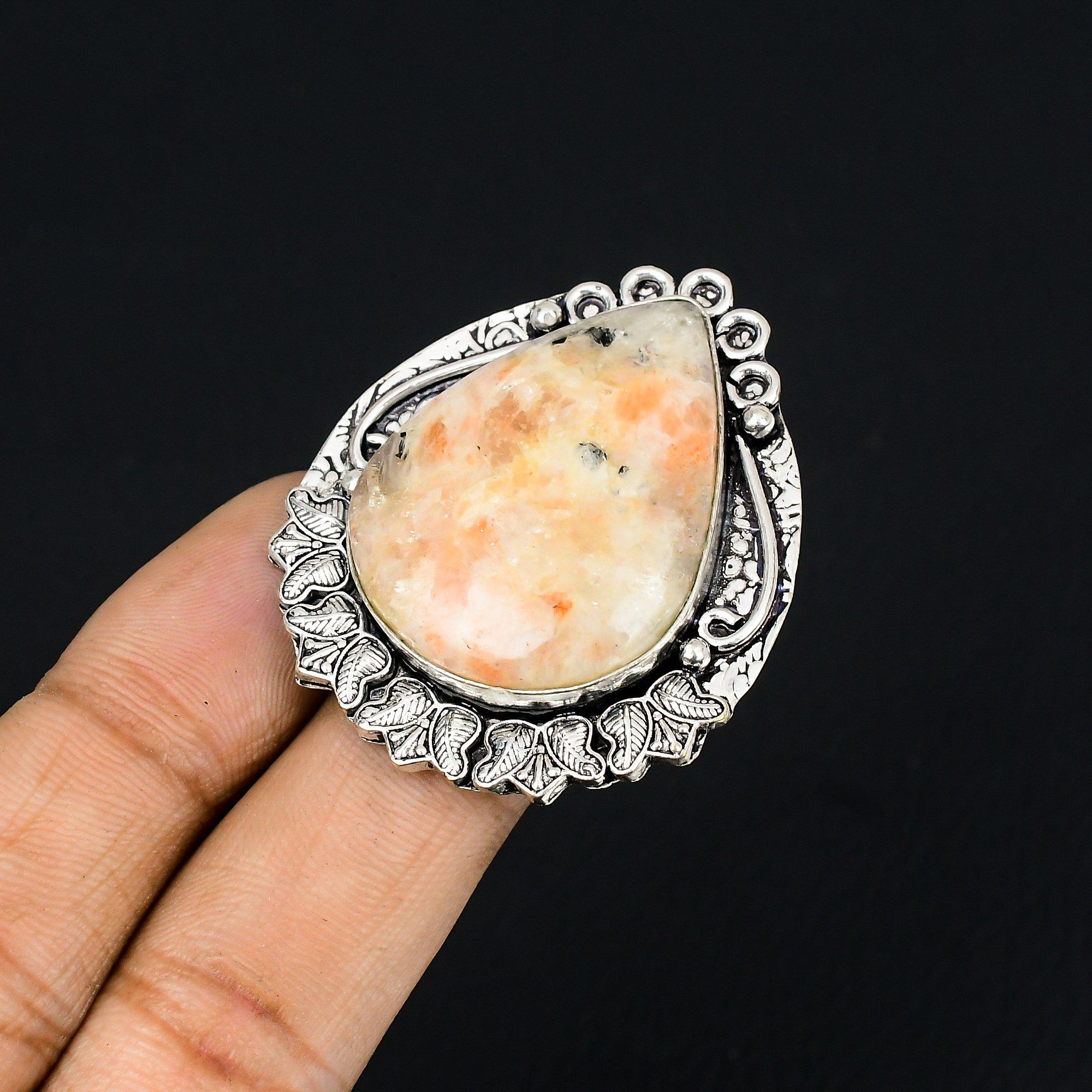 Sterling Silver Pear Sunstone Stone Unique Statement Art Deco Handmade Ring US 6 6