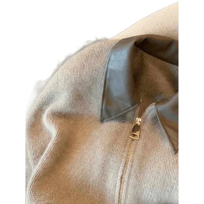 Coat Patchwork Leather Collar Zipper Short Fashion Socialite Spring and Autumn Sweater Cardigan for Women