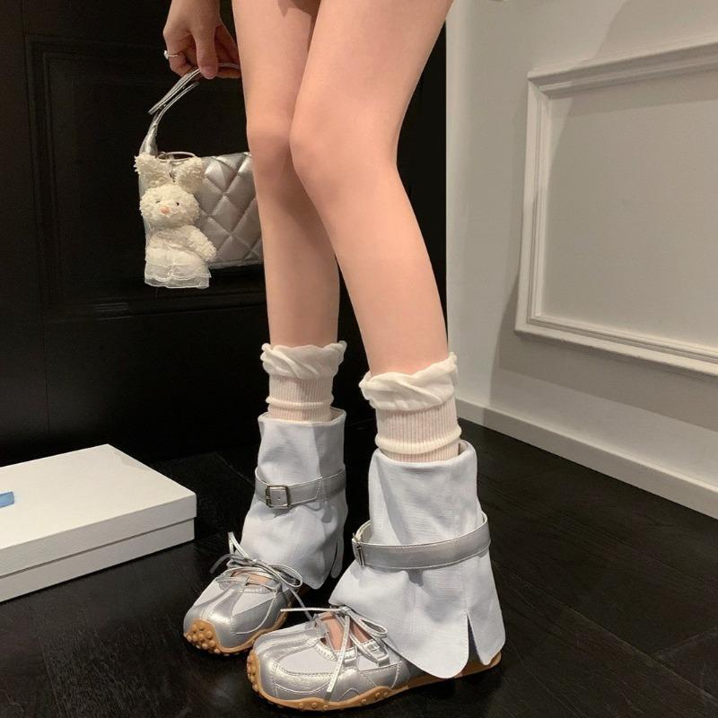 Two-Wear Flat Boots Autumn New Round Toe Spliced Front Lace-Up Metal Belt Buckle Soft Slip Shorthole Boots