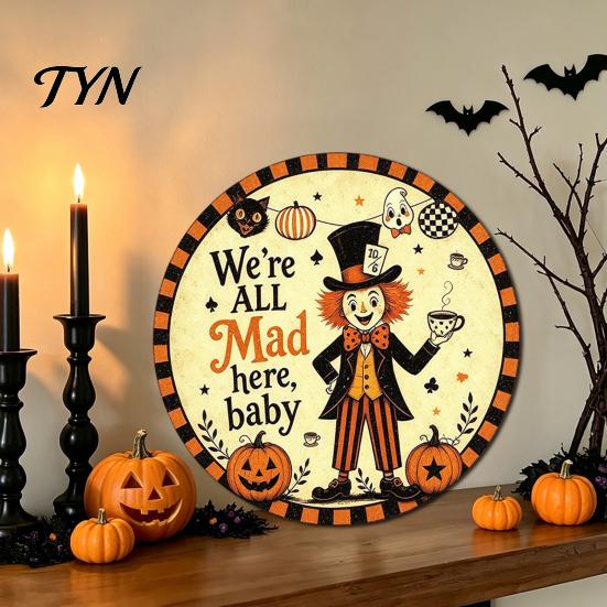 Halloween Home Decoration Retro Wall Sign, Round Metal Decorative Vintage Style Plaque Rustic Art Decor for Living Room Party Signs