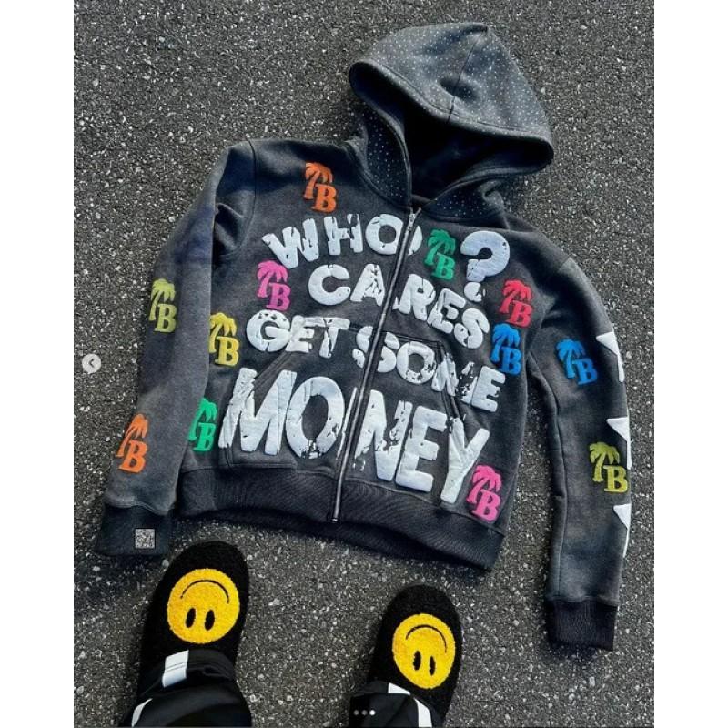 Mens Loose Fit Zip-Up Hooded Sweatshirt Retro Street Hip Hop 3D Print Casual Top