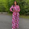 African Fashion Stripe Printed Two Piece Set Women Spring Autumn Casual Button Long Sleeved Shirt Wide Leg Pants Set