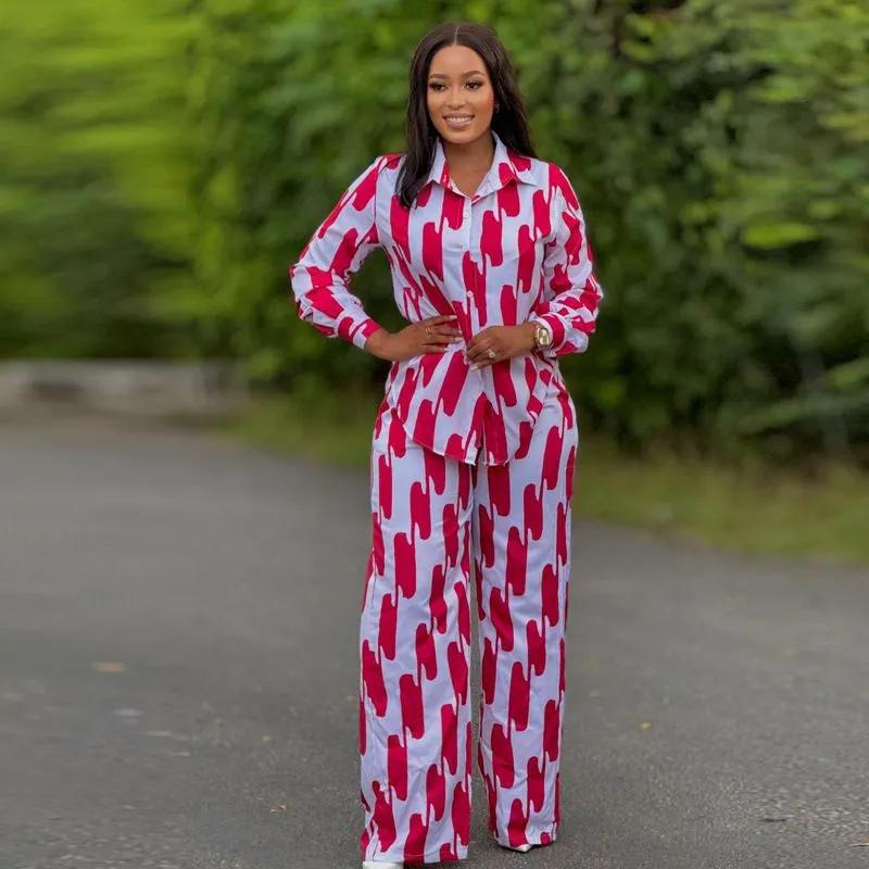 African Fashion Stripe Printed Two Piece Set Women Spring Autumn Casual Button Long Sleeved Shirt Wide Leg Pants Set