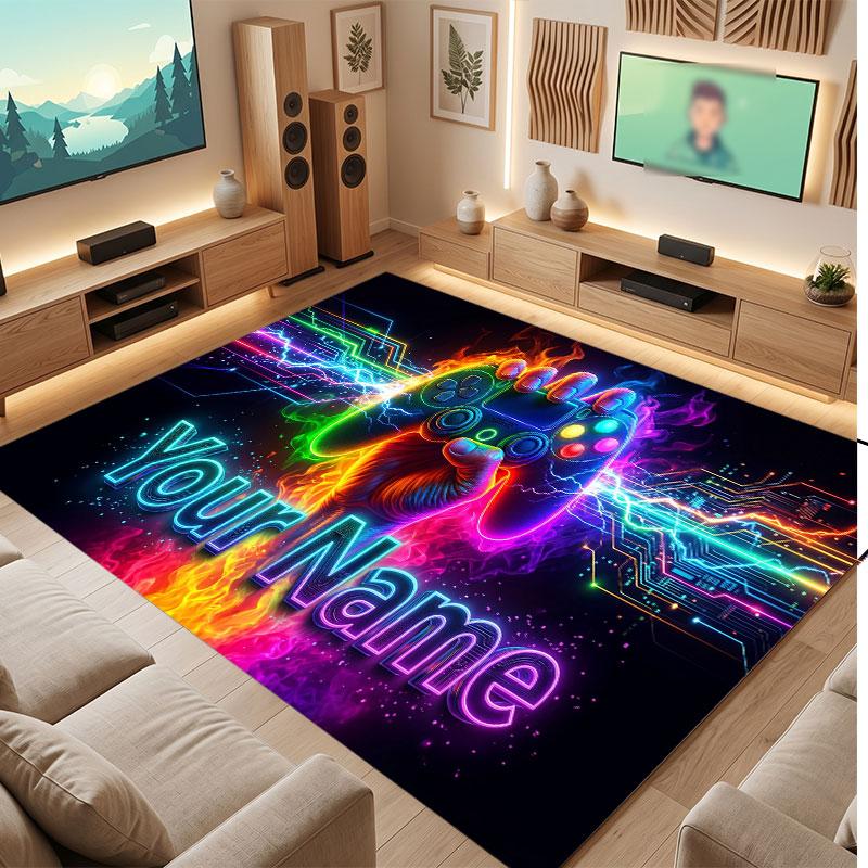 Neon Colorful Theme Crystal Velvet Floor Rug Personalized Custom Name Text Warm Carpet Home Decoration