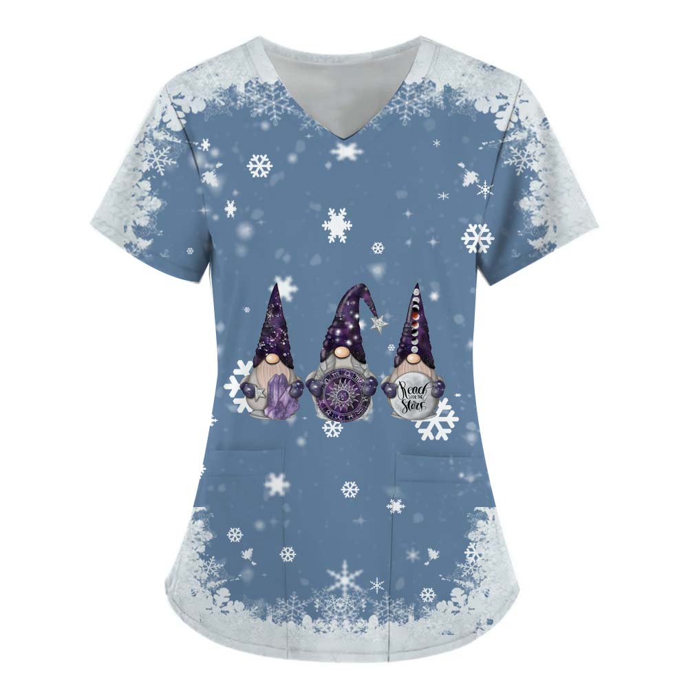 Womens Christmas Nurse Uniforms Print Short Sleeve V Neck Workwear With Pocket Working Nurse Work Wear Overalls Medical Uniforms