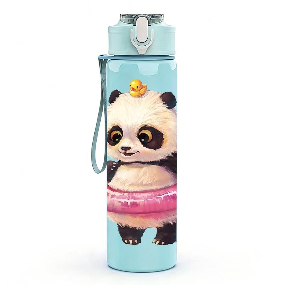 1PC Panda With Pink Swim Ring Pattern 750ml Color Plastic Sports Water Bottle Leakproof Flip Straw Lid Suitable for Sports Office Home Use